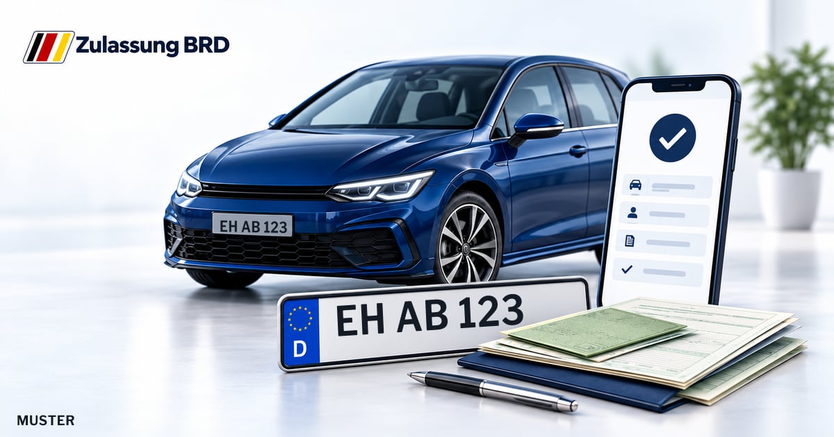 Online Fahrzeugzulassung in Eisenhüttenstadt: Musterkennzeichen EH AB 123, Auto und Fahrzeugpapiere und Smartphone. Illustration mit Logo von Zulassung BRD.